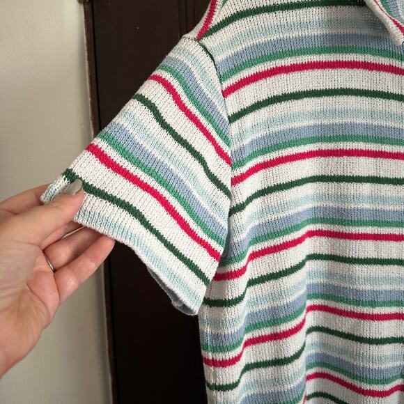 ZARA | White Cotton Blend Striped Collared Short Sleeve Cardigan Sweater | Small - Picture 4 of 7